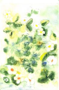 pistesommitelman pohjalta tehty kuvataideteos jossa vihreitä lehtiä ja valkoisia kukkia