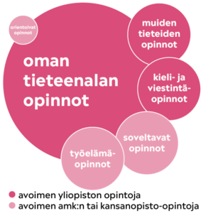 graafinen ympyräkuvio osoittaa oman tieteenalan opintojen pääroolin opintokokonaisuudessa. 