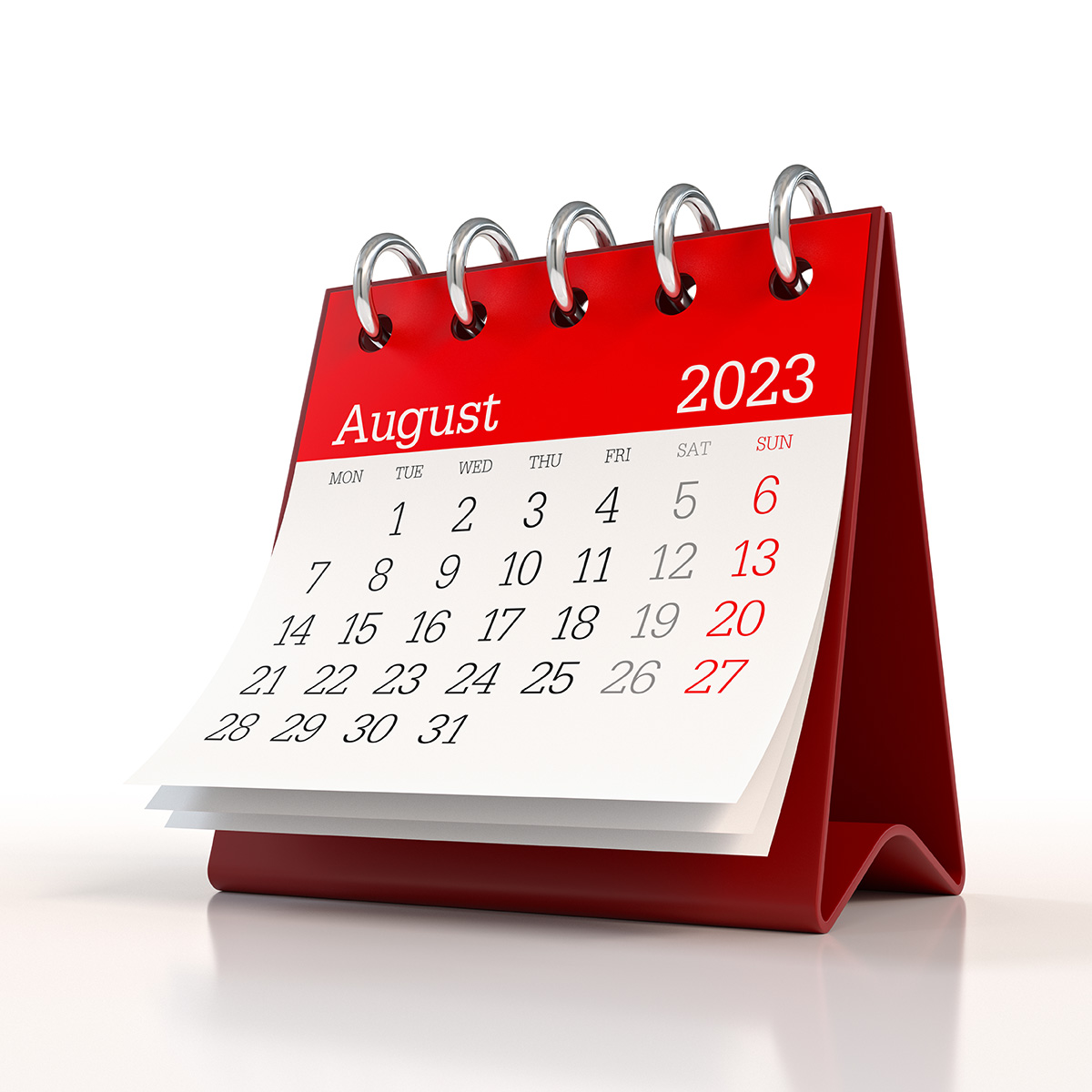 punavalkoinen pöytäkalenteri, jossa esillä elokuu 2023