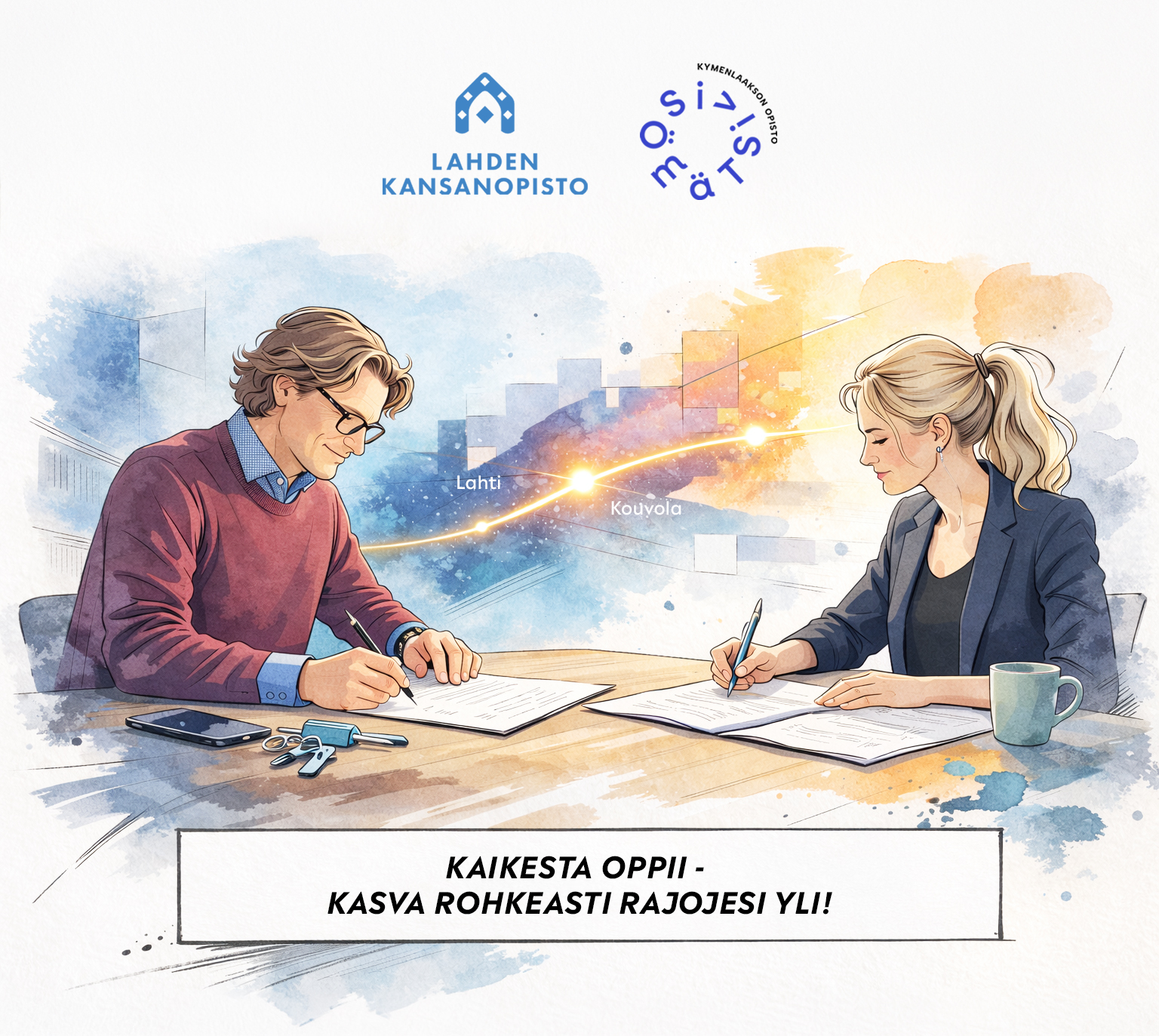 Piirroskuvassa opistojen logot ja kaksi henkilöä allekirjoittamassa sopimusta.